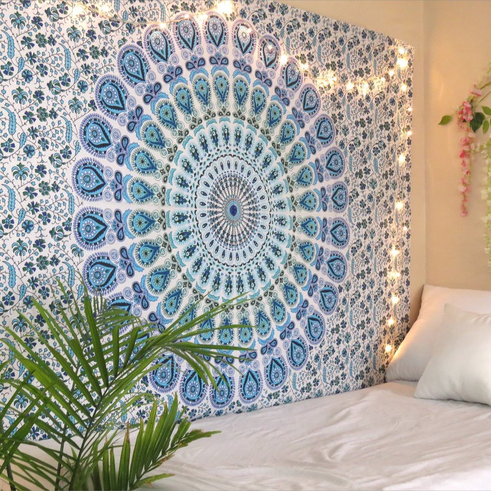 Oussum Mandala Blue Tapestry Cotton Fabric Wall Tapestries - Picture 6 of 6